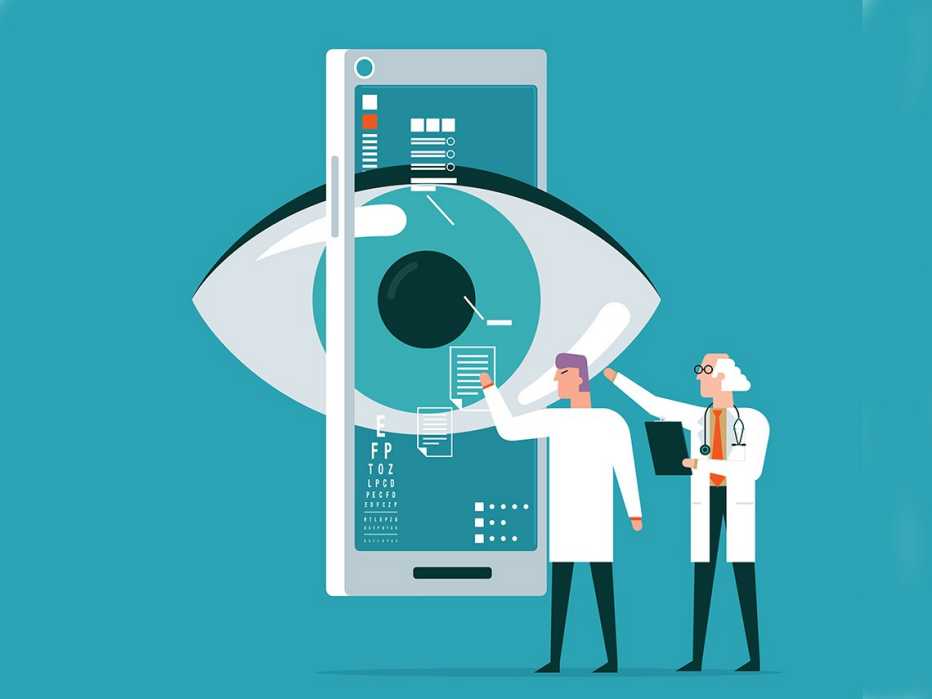 an illustration showing doctors looking at an eye