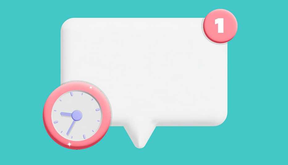 an illustration of a text message with a clock and a 1 on its borders superimposed over a teal field