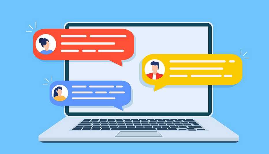 an illustration showing people messaging each other on a laptop