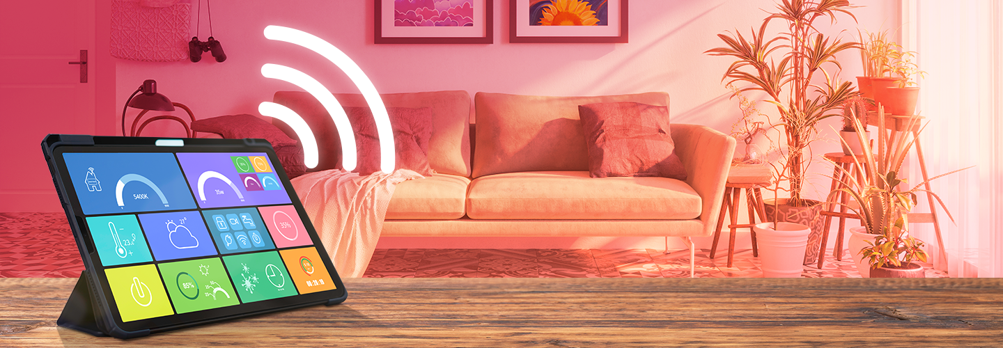 a tablet displaying smart home controls in a living room