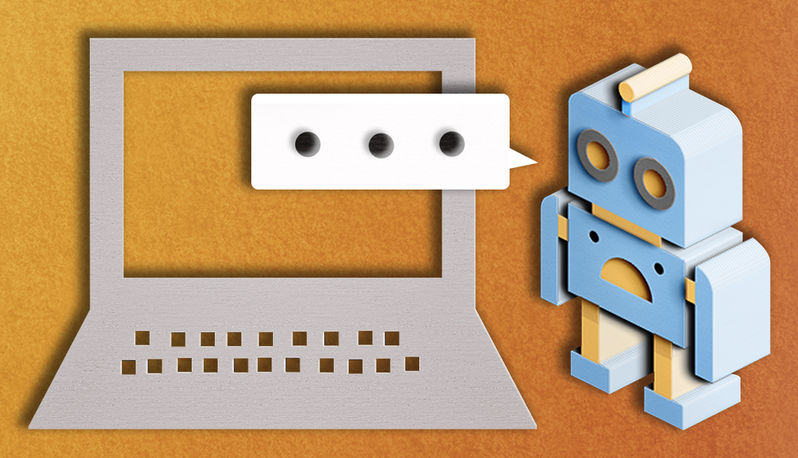 a robot with an ellipsis chat bubble in front of a laptop