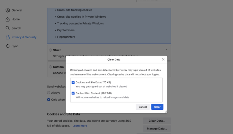 a screenshot showing the prompt that appears when you clear the firefox browser cache