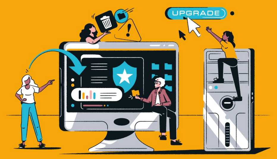 cartoon of people upgrading and taking care of an older computer