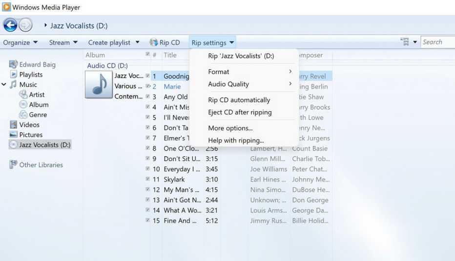 a screenshot of windows media players c d rip settings