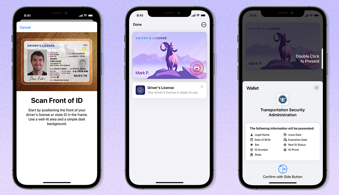 three images of iphones displaying the new digital drivers license capabilities 