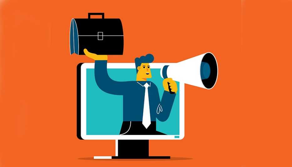 an illustration of a man with a briefcase and a megaphone leaning out of a computer monitor