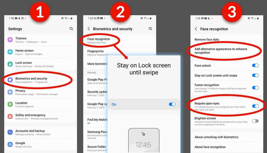 set of screenshots that show how to set up face recognition on an android phone