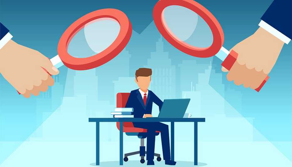 artwork showing an employee under two magnifying glasses