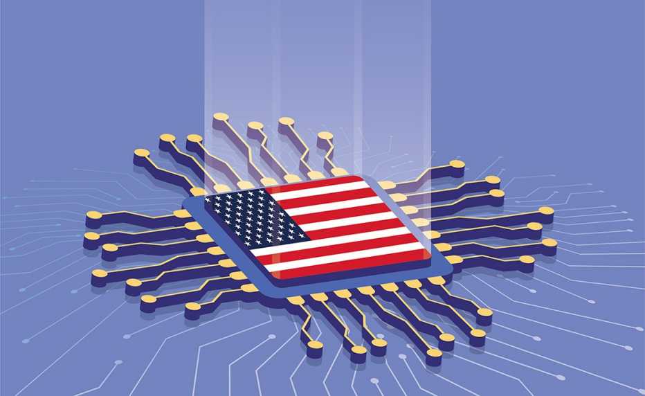an illustration showing an american flag over a stylized microchip an american flag over a stylized microchip