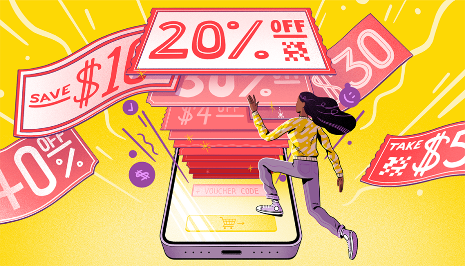 woman jumping as digital coupons coming out of a smart phone