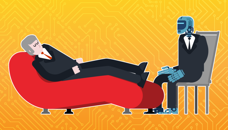 a man lays on a couch speaking to a robot therapist