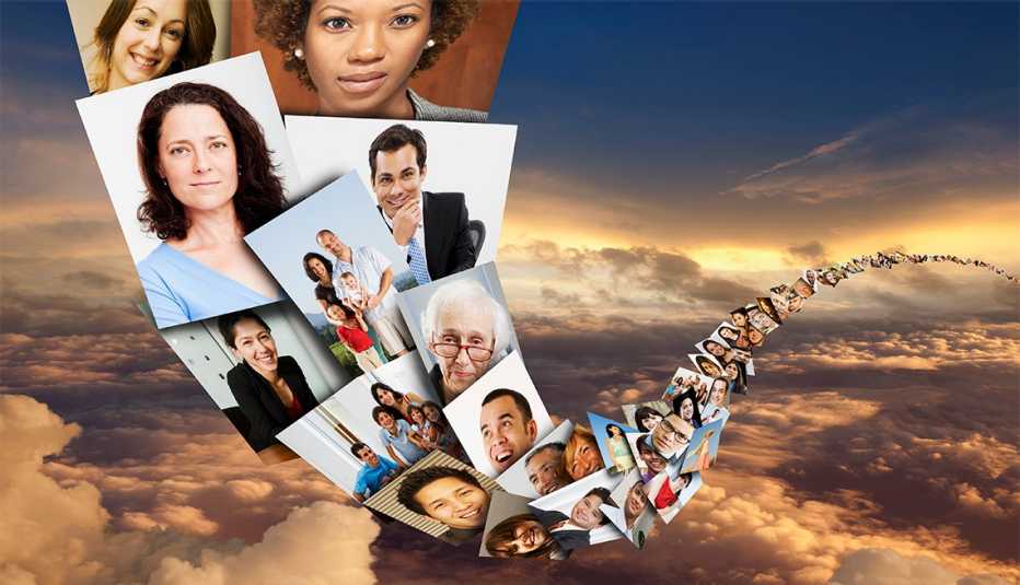 Illustration of photos of faces in sky