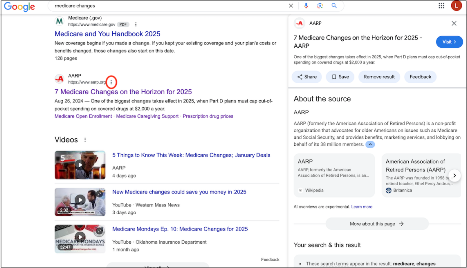 Medicare search on google