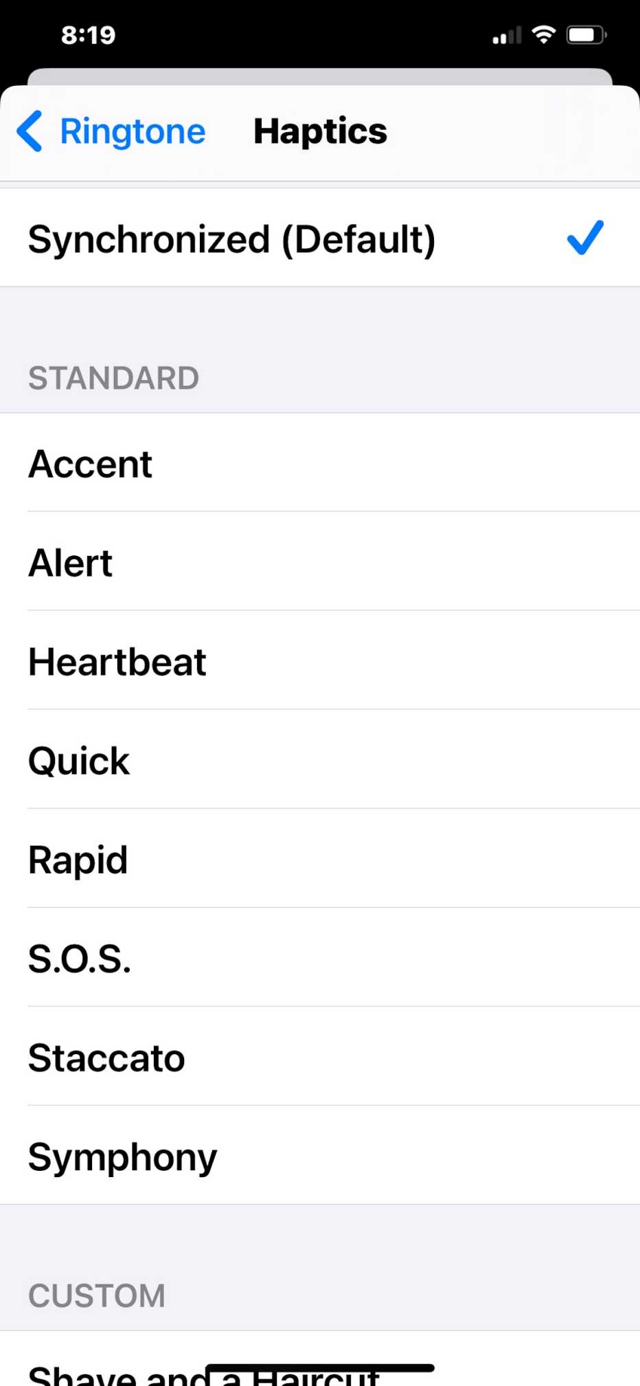 iPhones have many options for vibrations, including the ability to create your own.
screengrab of an iphones options for ringtone noises and haptics
