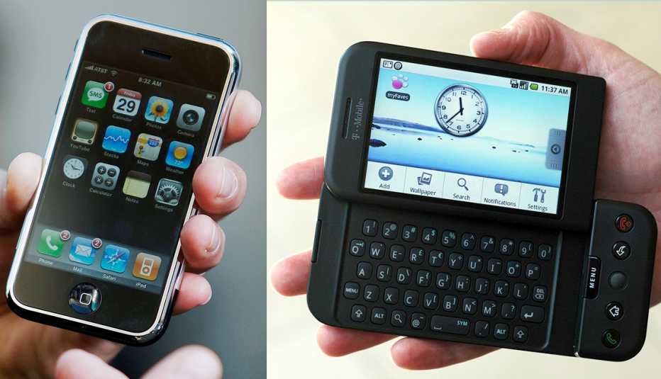 the first generation model of iphone released in two thousand seven and the first google powered android phone the tmobile g one h t c dream  released in two thousand eight