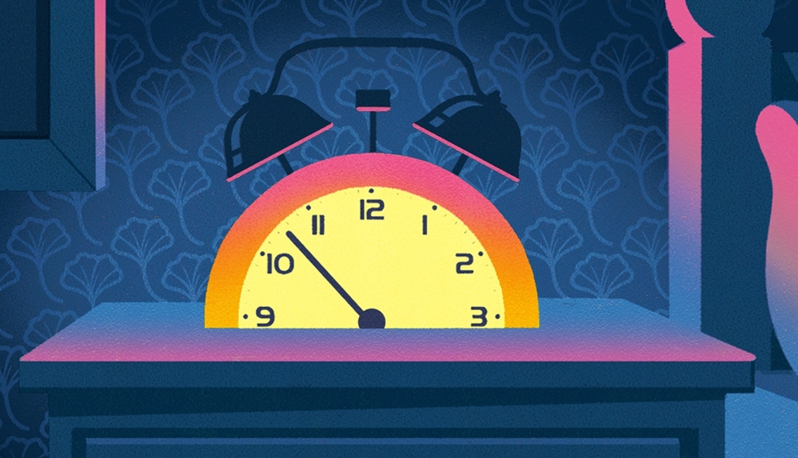 illustration of an alarm clock that is shaped like a sun coming over the horizon and glows with sunlight on a bedside table