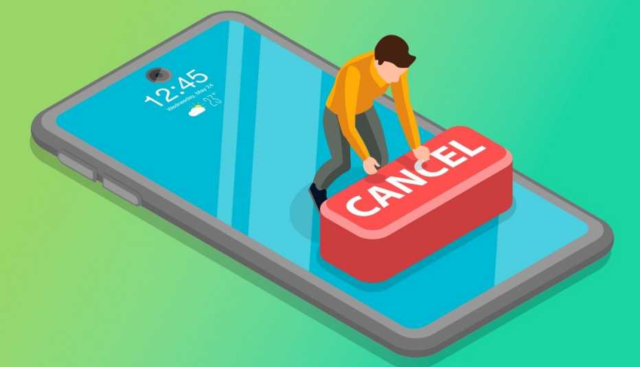 an illustration of a man pushing a red cancel button on top of a smartphone an illustration of a man pushing a red cancel button on top of a smartphone