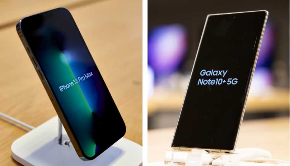 left an iphone thirteen pro max right a galaxy note ten with five g