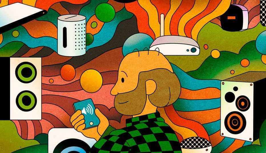 a man surrounded by music player options