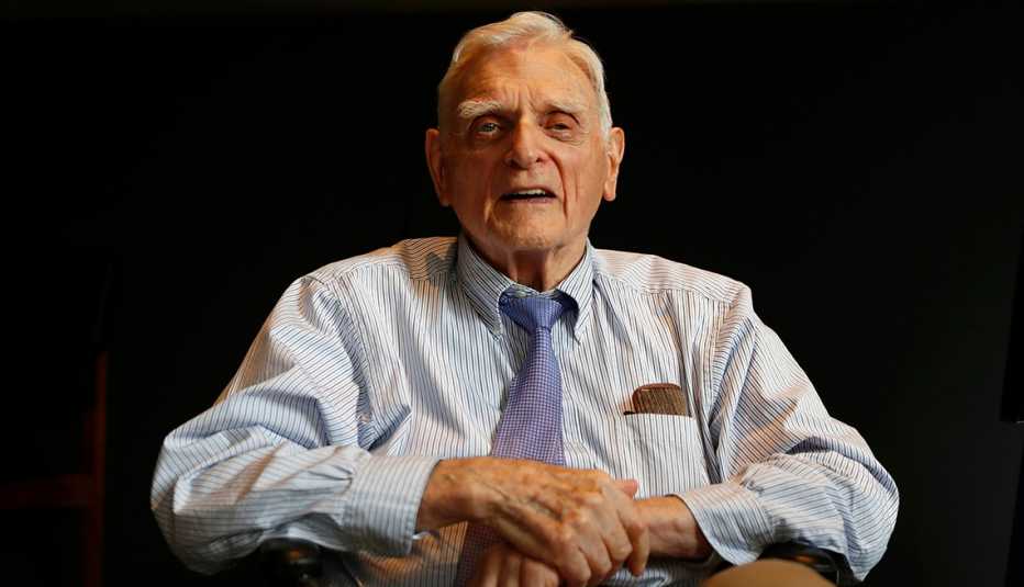 Nobel Prize chemistry winner John B. Goodenough poses for the media at the Royal Society in London on Oct. 9, 2019