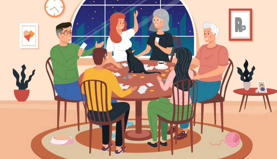 friends sit around a table playing games together