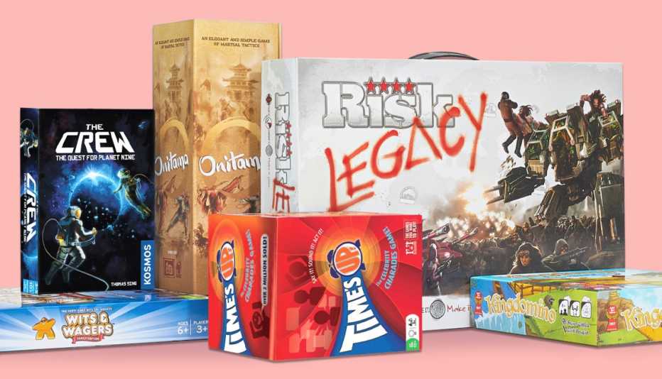 group of assorted newer board games including risk legacy the crew and wits and wages