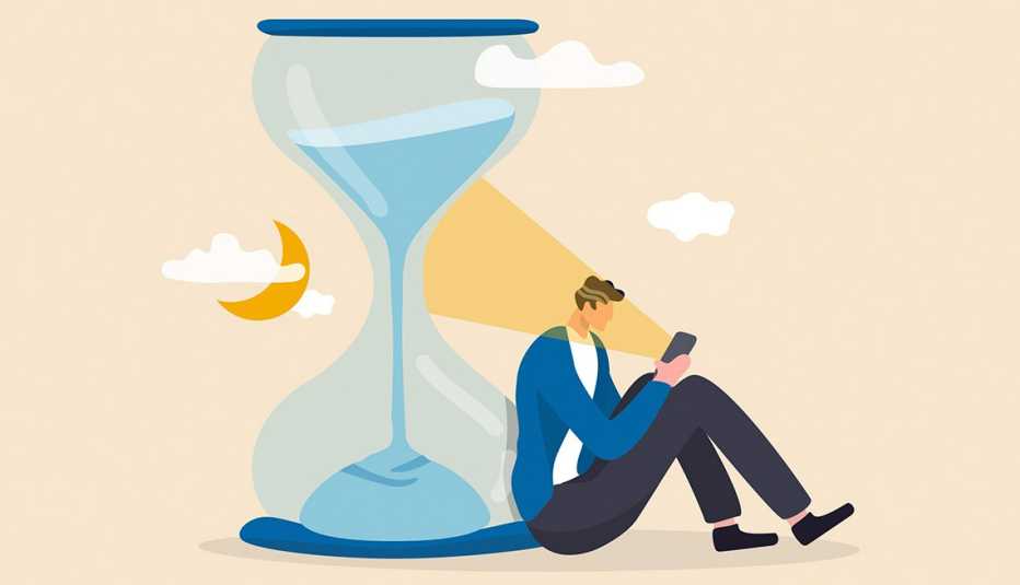 an illustration of a man sitting against an hour glass looking at a phone screen