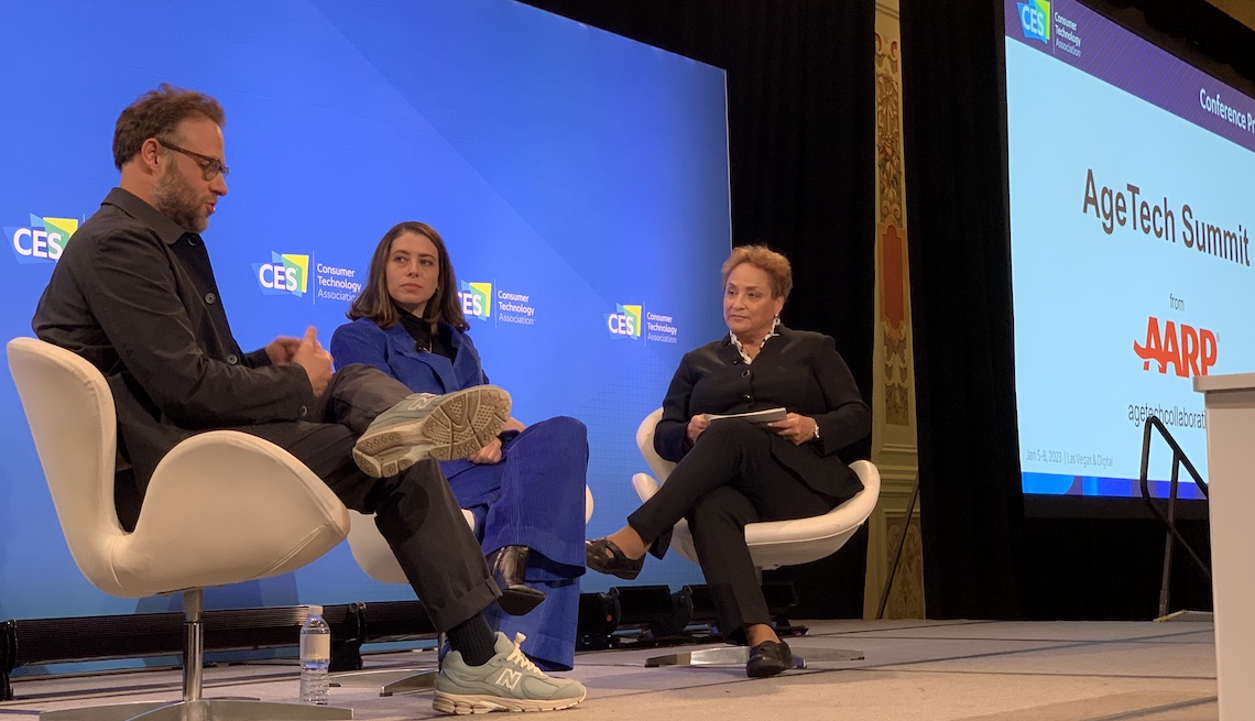seth rogen, laura miller rogen and jo ann jenkins talk on stage at the agetech summit