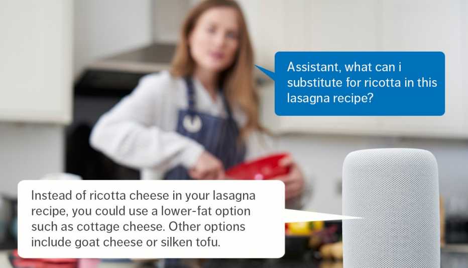 woman preparing food in kitchen asking smart speaker for an ingredient substitution woman preparing food in kitchen asking smart speaker for an ingredient substitution