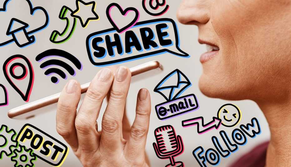 a woman speaking into a phone with images of voice control options on phones such as wifi email navigation sharing a woman speaking into a phone with images of voice control options on phones such as wifi email navigation sharing