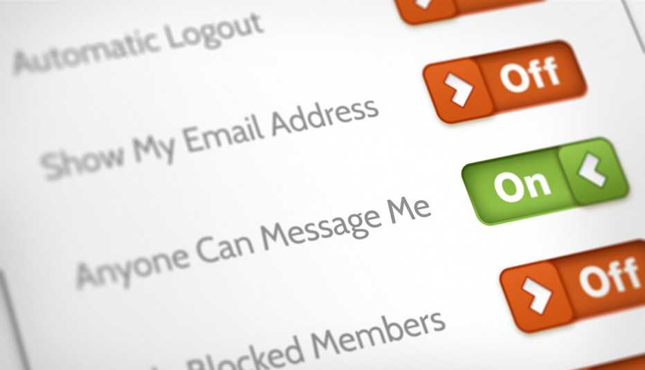 screenshot of privacy settings that can be clicked on or off