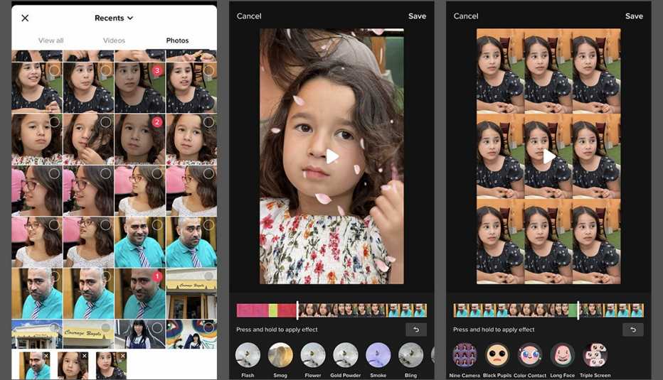 screenshots showing how to make a slideshow in tik tok