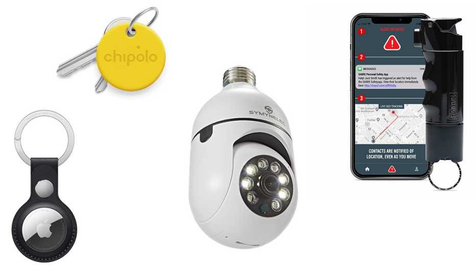 left to right air tag then gps key tag then light up security camera then smart pepper spray