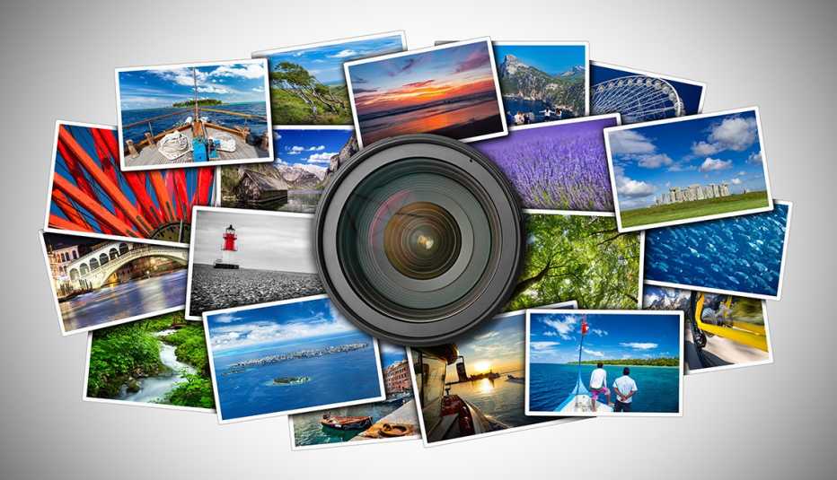 a lens surrounded by a cluster of photographs