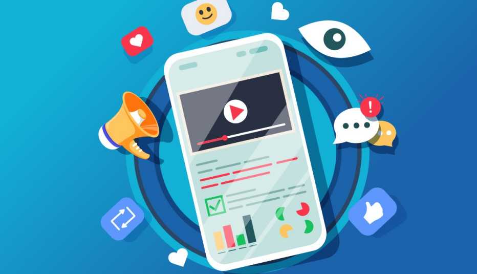 a smart phone surrounded by likes smiley faces and chat bubbles
