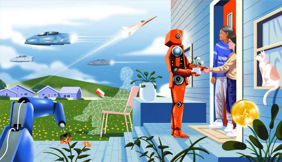 a robot gives a couple a present a robot interacts with a human couple in a futuristic setting