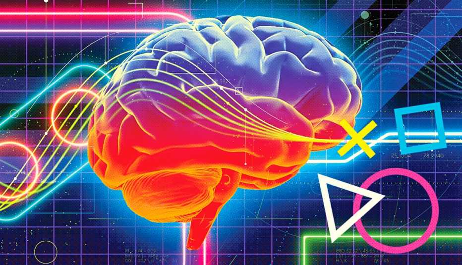 illustration of brain on video game background