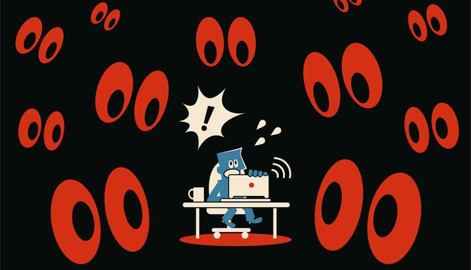 an alarmed man surrounded by eyes an alarmed man at a computer surrounded by red eyes