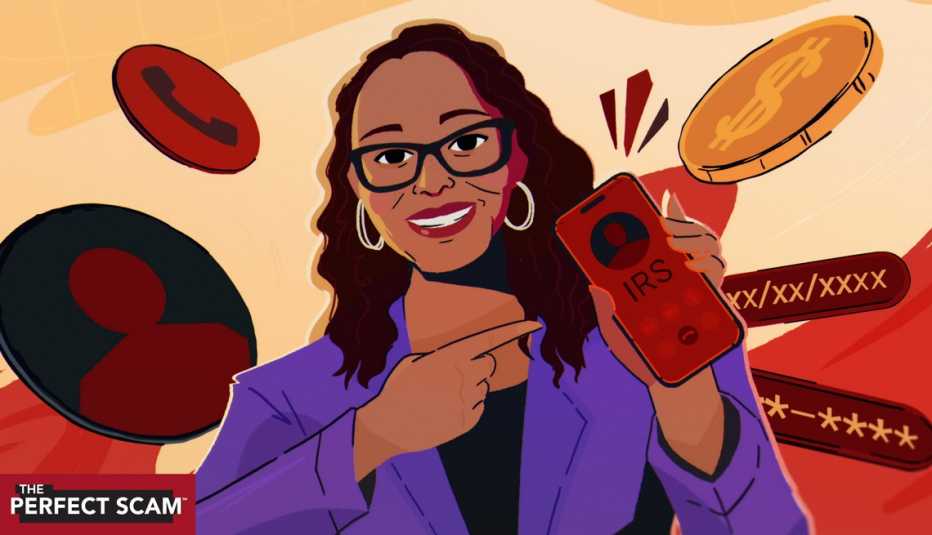 an illustration shows a woman brandishing a smartphone with I R S showing on the caller ID screen. In the background bitcoin, phone and various other symbols