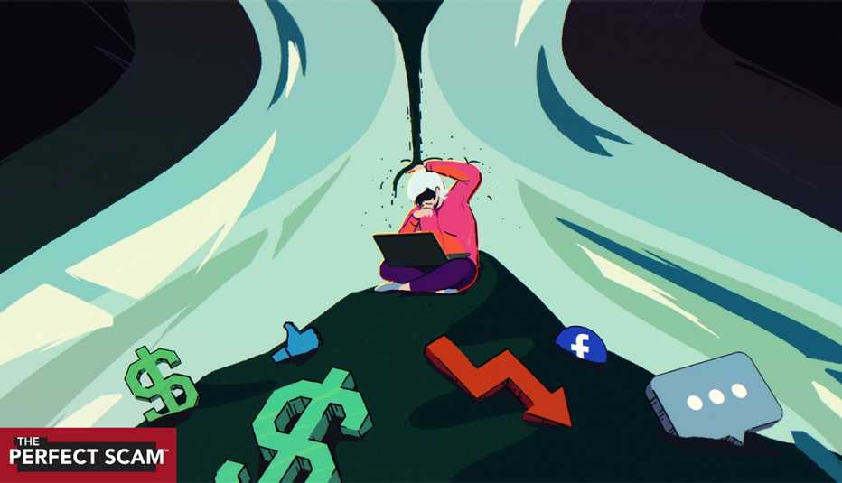 an illustration shows a woman sitting atop a hill with dollar signs and social media symbols below her. Torrents of waves surround the hill