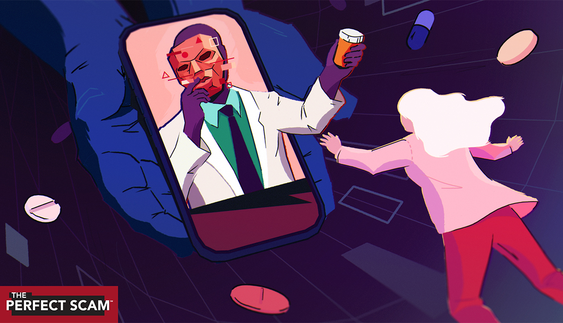 an illustration shows a doctor reaching out of a smartphone. With one hand he is removing a mask and with the other he has a medicine bottle. A woman in the foreground is desperately reaching toward him