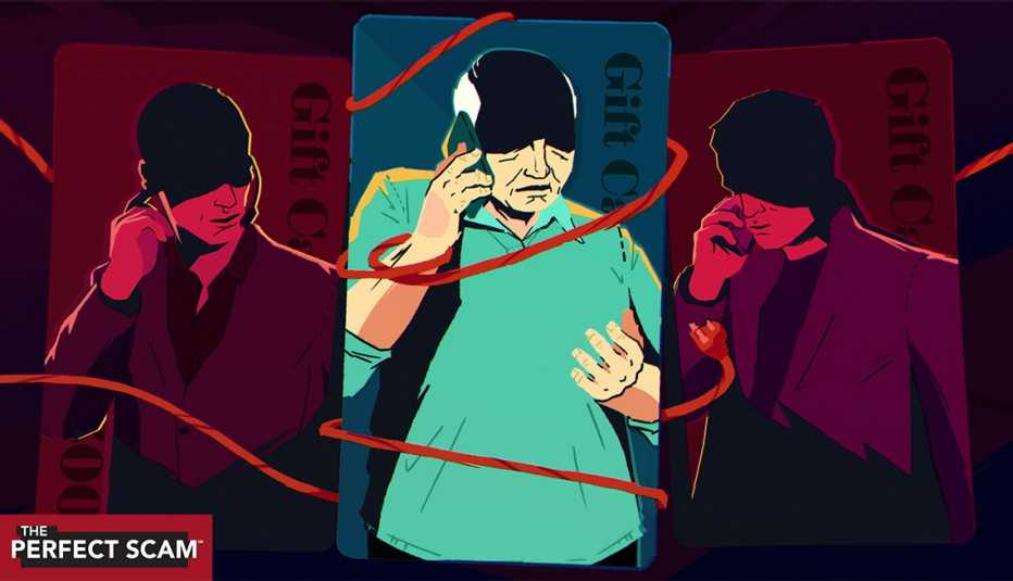 an illustration shows an older adult male on a cell phone on three different gift cards connected and wrapped by a strangling electrical cable