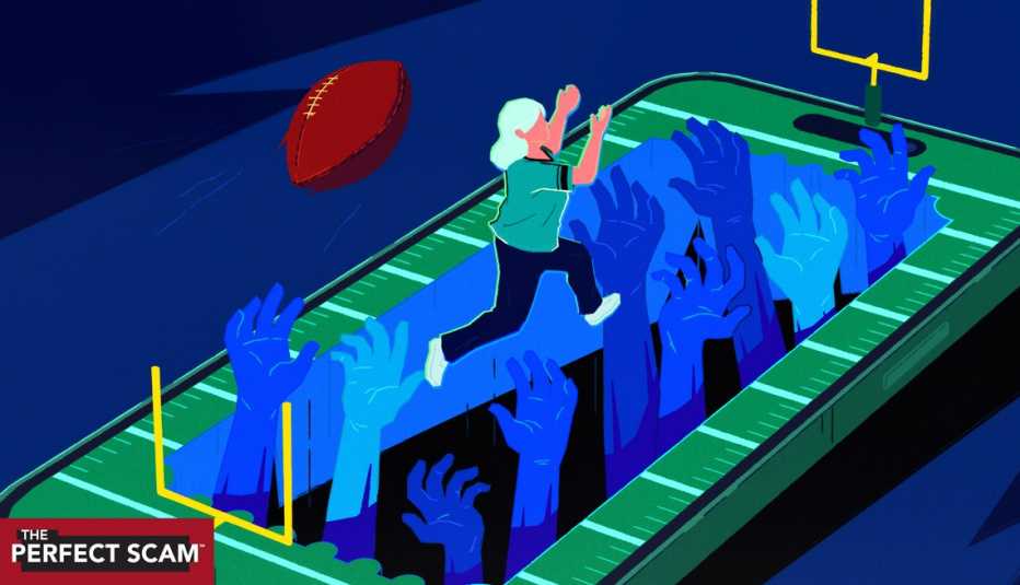 an illustration shows a smartphone; its surface contains a football field complete with goal posts. An older adult woman is running across the field while a sea of hands, rising from a chasm in the gridiron, reaches up to grab her.