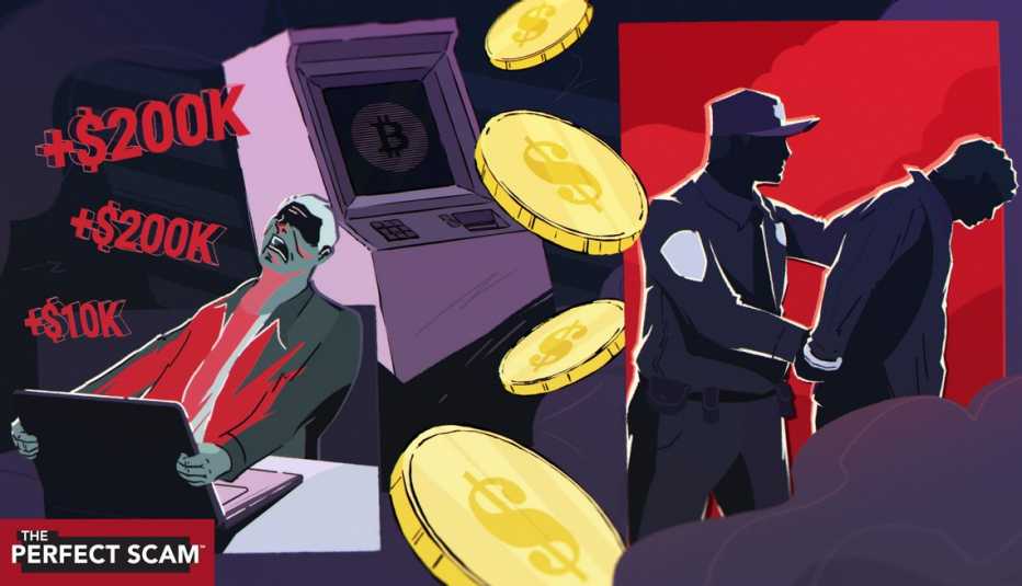 an illustration combines images of gold coins, a crypto kiosk and law enforcement walking off a perpetrator