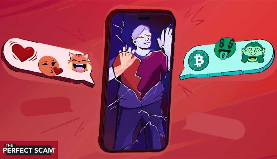 an illustration shows a man trapped inside a smartphone, with a broken heart symbol superimposed over his body. 