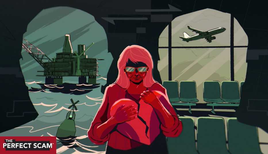 a graphic illustration shows an older adult woman in red silhouette cradling a broken heart. In the background are two male silhouettes, one filled with an ocean scene, the other an airplane taking off