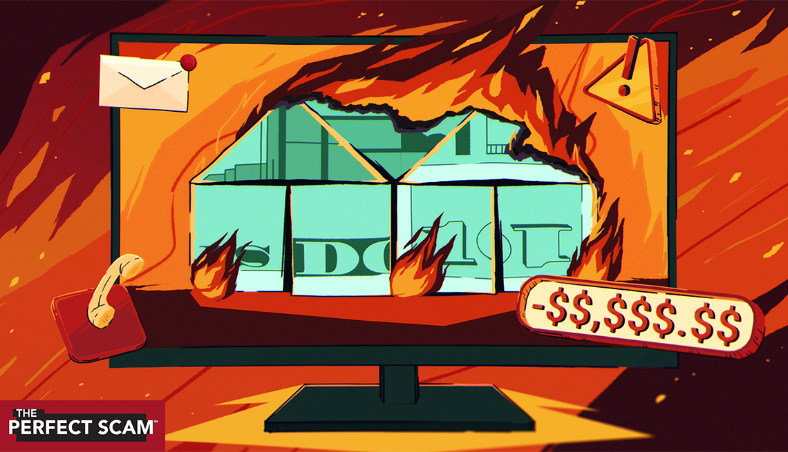 a graphic illustration shows a computer screen showing a house made of cash on fire. Dollar symbols, a phone and an envelope are also bursting from the screen