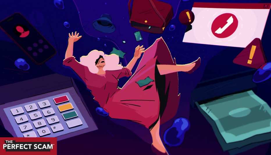 a graphic illustration shows a woman falling into an abyss filled with a calculator, cash, a phone symbol and exclamation points 