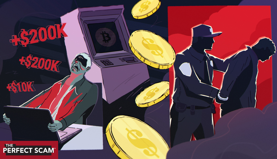 an illustration combines images of gold coins, a crypto kiosk and law enforcement walking off a perpetrator