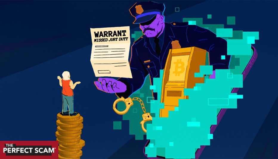 a graphic illustration shows an older adult woman stands atop a stack of coins, facing a giant police office emerging from a smartphone brandishing a missed jury warrant. There is also a bitcoin atm and handcuffs in the image.